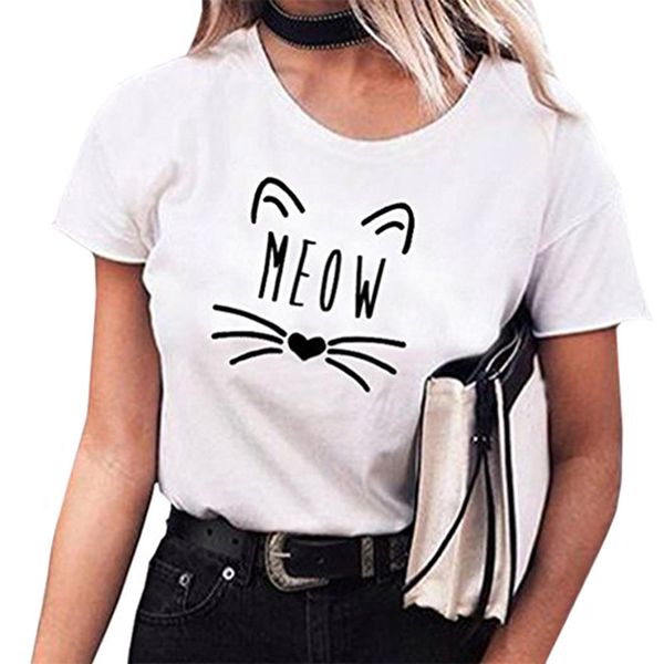 

fashion t-shirts summer new meow printed short sleeve women's ln024, White