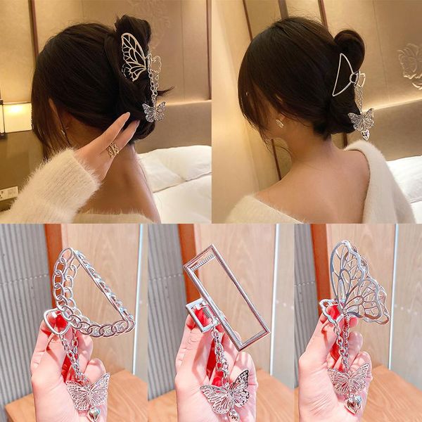 

chain butterfly pendant hair claw for women fashion geometric hollow silver color clips metal barrette accessories