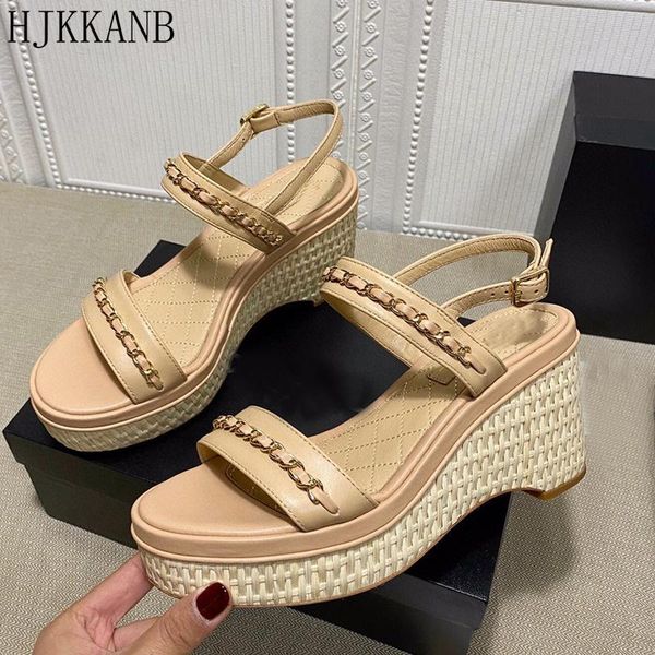 

dress shoes summer female platform wedges sandals narrow band metal chain decor runway high heels women banquet sandalias, Black