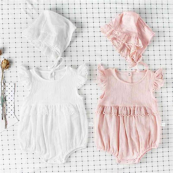 

summer infant girls cotton lace flying sleeve clothes bodysuit and hat set baby girl bodysuits 210417, Blue