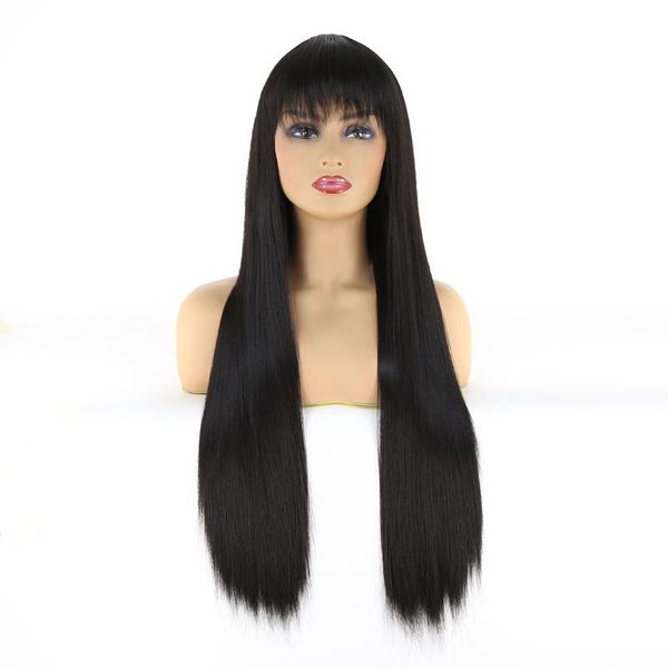 

synthetic wigs btwtry long straight black wig none lace with bangs natural gluelesss heat resistant fiber for cosplay daily wear