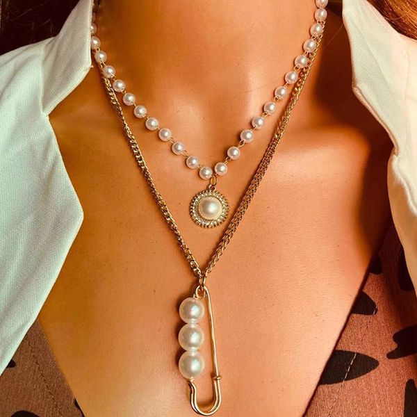 

peach heart pearl pin pendant necklaces design creative multilayer love pendants clavicle chain retro round bead pearls adjustable necklace, Silver
