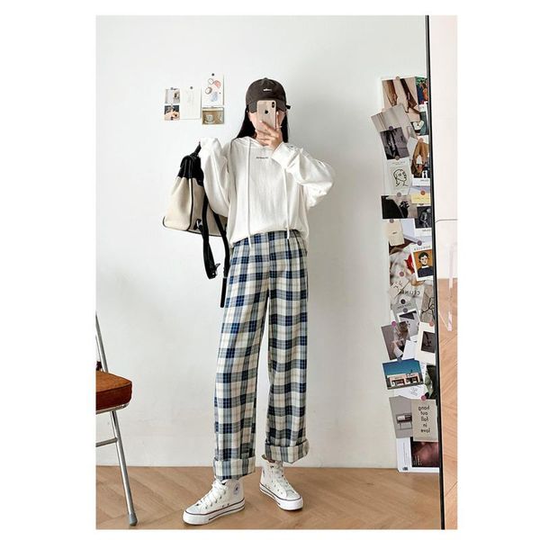 

women's pants & capris loose wide-leg plaid trousers straight-leg casual high waist 2021 spring and summer korean version qn*, Black;white