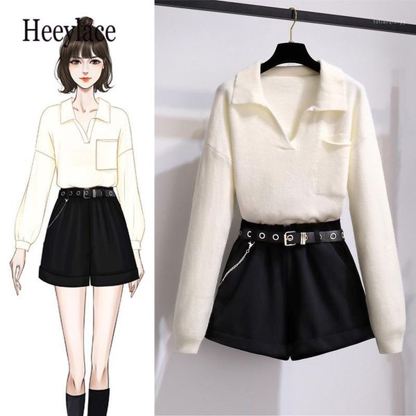 

women's tracksuits women autumn winter long sleeve knitted sweater and black shorts set korean office ladies two pieces clothes, Gray