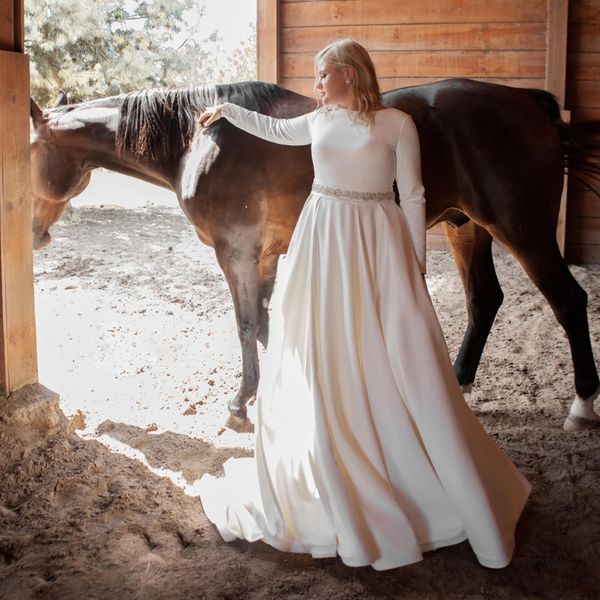 

2021 satin wedding dress elegant long sleeves o neck simple bride gown sweep train beading belt bridal dresses, White