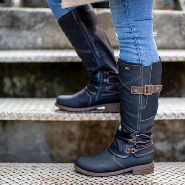 

boots vogue roman zipper female knight round toe women long rubber thick heels knee-high shoes autumn, Black