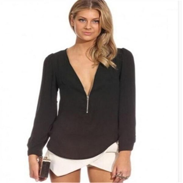 

women's t-shirt chiffon t shirt women zipped up v-neck long sleeve 2021 spring summer casual loose top, White