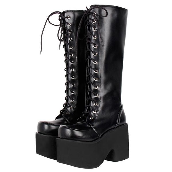 

boots angelic imprint handmade women motorcycle cool punk lady lolita shoes woman high heels pumps big wedges heel 33-47 9712, Black