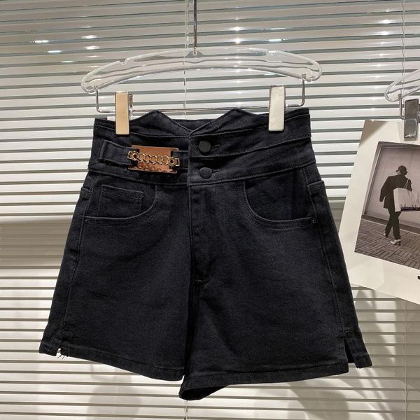 

women's shorts chain leather buckle decoration denim women 2021 autumn waist double high three-point, White;black