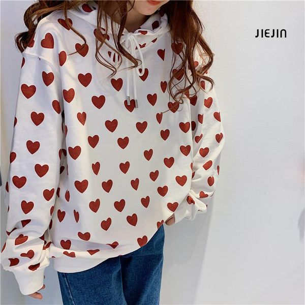 

women's hoodies & sweatshirts women sweetshirts casual love print loose drawstring long sleeve hooded 2021 autumn female korean kawaii, Black
