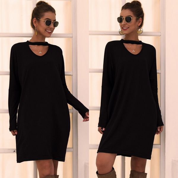 

dresses casual plus size hollow out mini o neck backless long sleeve loose women dress fashion autumn trendy ladies dresses, Black;gray