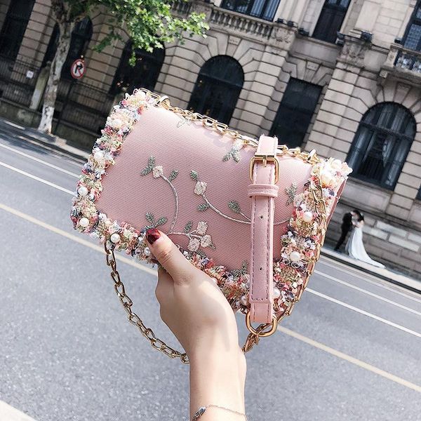 

evening bags lace flowers women bag 2021 handbag pu leather sweet girl square flower pearl chain shoulder messenger