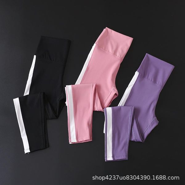 

women yoga calf-length leggings high waist white strip patchwork fitness hip running sports stretch tights outfits, White;red