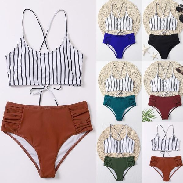 

women's swimwear stripe swimsuit women brazilian bikinis 2021 push up halter 2 pieces separate plus size baÃ±adores mujer, White;black