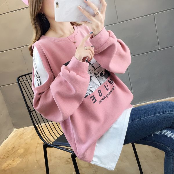 

hoodies fall loose and thin plus size female fat mm sweater long sports uniform baseball two coats, Black
