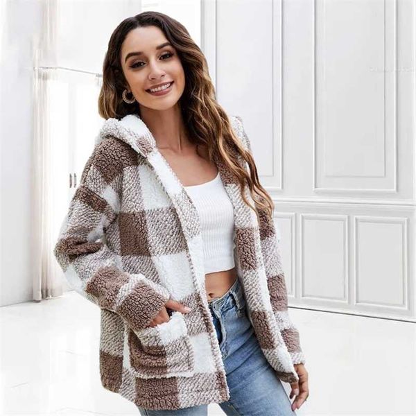 

fall hooded plaid double-sided plush pocket cardigan coat for women 211202, Black