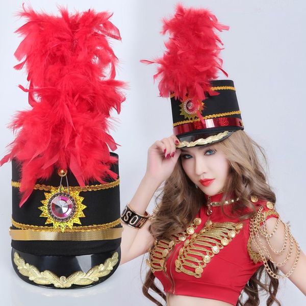 

berets honor guard jazz dance hat band drum no. black officer red feather, Blue;gray