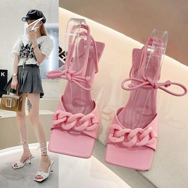 

dress shoes 2021 summer women's sandals lace-up solid square toe fashion high heels thin all-match beach, Black