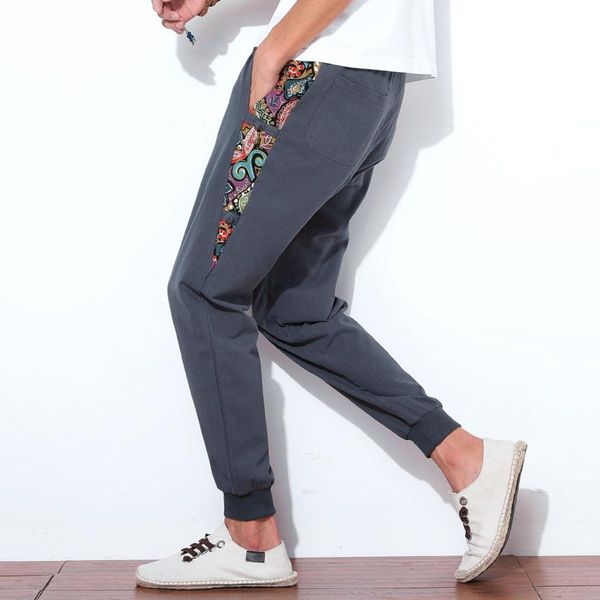 

#0654 spring autumn 2021 cotton linen pencil harem pants men elastic waist side spliced streetwear casual fashion jogger men's, Black