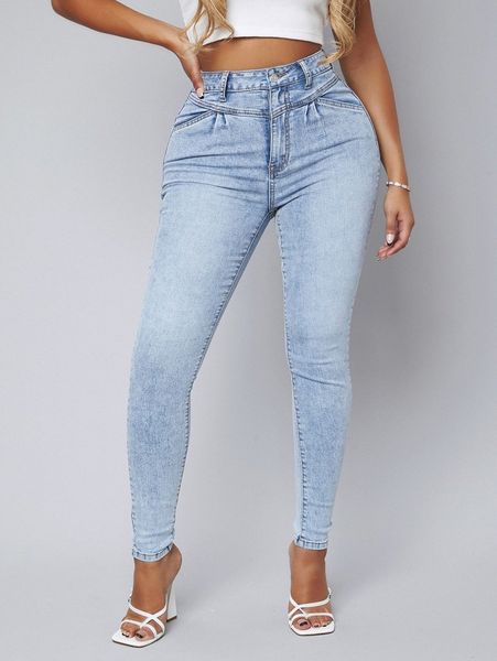 

sxy high waisted fold pleated slant pocket skinny jeans 27bn#, Blue
