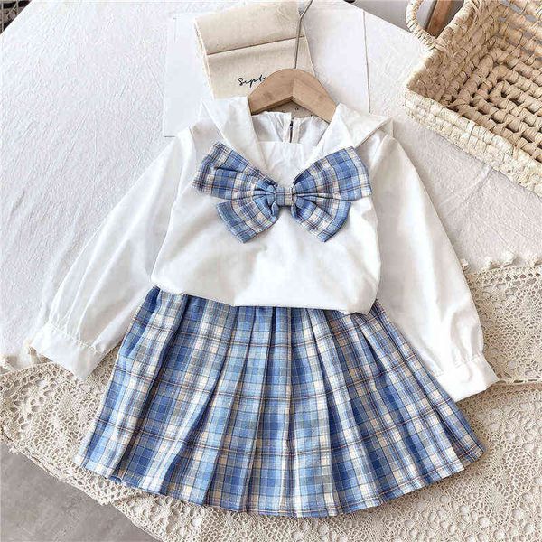 Herbst Kinder Kleidung Fliege Langarm Topplaid Rock Mode Schuluniform Frühling Kleine Mädchen Kleidung Set Kleinkind Outfits G220310