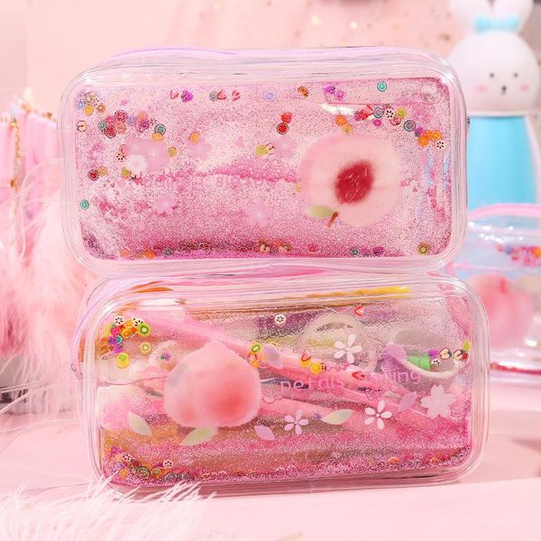 

angelhere store 1 pcs kawaii pencil case transparent bag quicksand peach avocado stationery school supplies bags