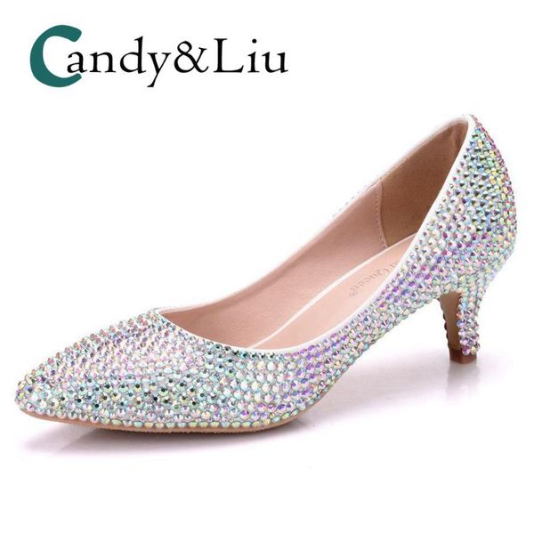 

colorful crystal wedding shoes sequin gradient pointed toe slip-on chunky heel shallow boat women pumps for party banquet dress, Black