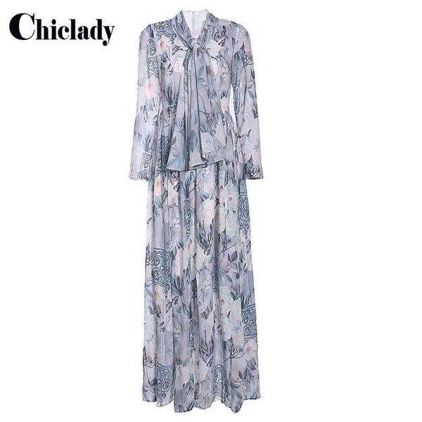 

runway designer luxury chiffon maxi dress boho printed flower bow floor length long sleeve party beach dresses robe 2xl casual, Black;gray