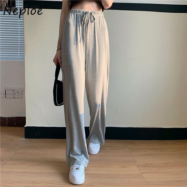 

women's pants & capris neploe casual fashion solid color trouser high waist lacing stretch wide-leg 2021 summer loose all match pantalo, Black;white