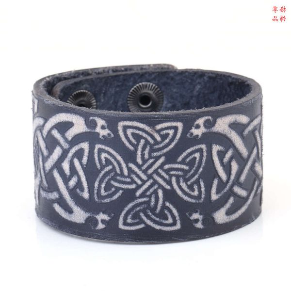 

celtic knot slavic totem wide leather business black men's bracelet, Golden;silver
