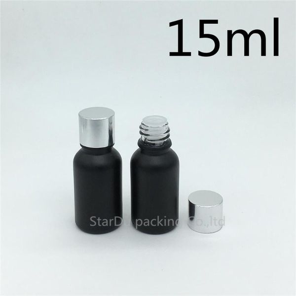 

storage bottles & jars 200pcs/lot 15ml black frosted glass bottle vials essential oil shining silvery aluminum cap 15cc perfume