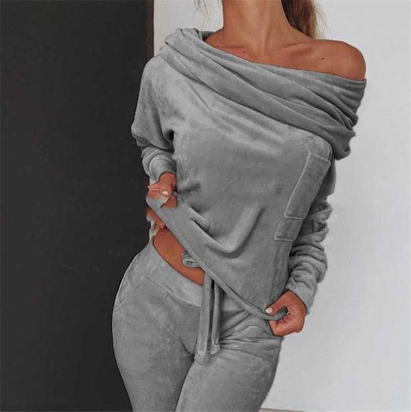 

women's two piece pants 2 s set autumn one shoulder sweatshirt sets sport wear tracksuit women velvet lounge 02s7, White