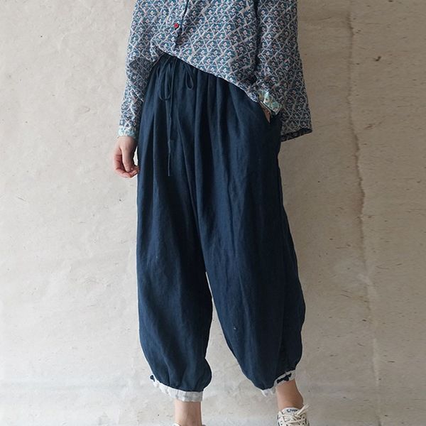 

johnature cotton linen retro leisure pockets elastic waist lace up harem pants autumn 6 color women ankle-length pants 210521, Black;white