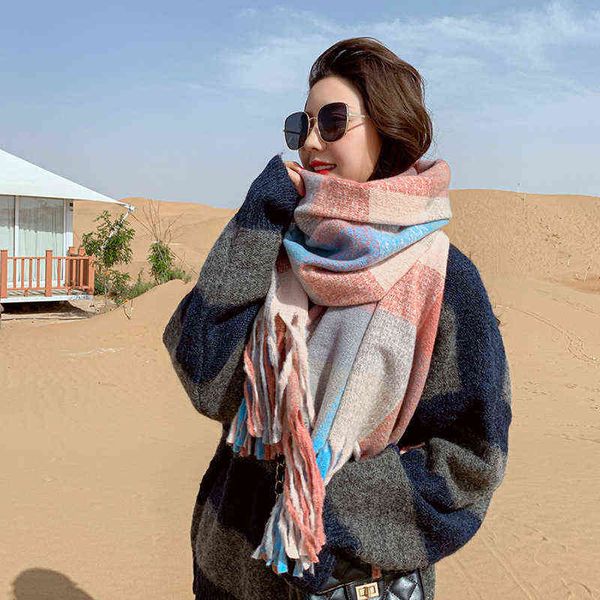 

scarves color matching imitation cashmere plaid scarf for women in autumn and winter thickened warm tassel long shawl british fashion bib, Blue;gray