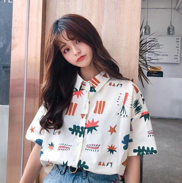 

women's blouses & shirts summer loose cartoon print shirt, White