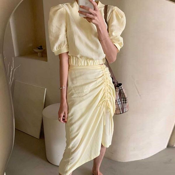 

skirts [ewq] 2021 spring summer women yellow high waist drawstring irregular buttocks pathwork panelled loose pleated skirt 2f0324, Black