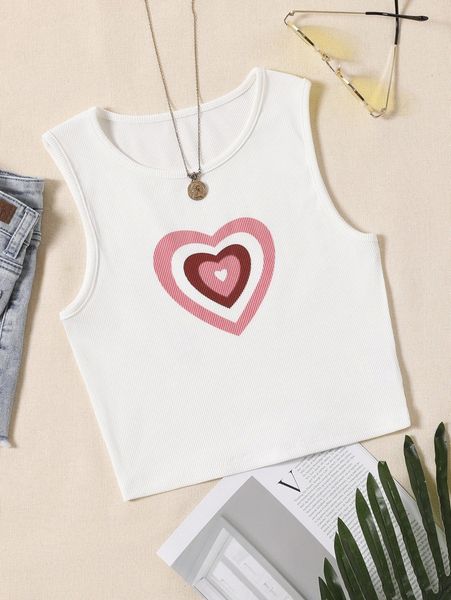 

heart print rib knit crop tank f8cv#, White
