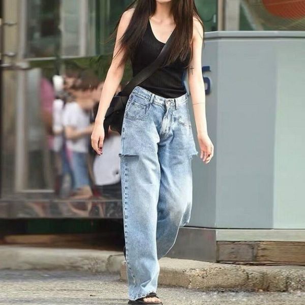 

women's jeans women pants high-waist straight wide-leg, Blue