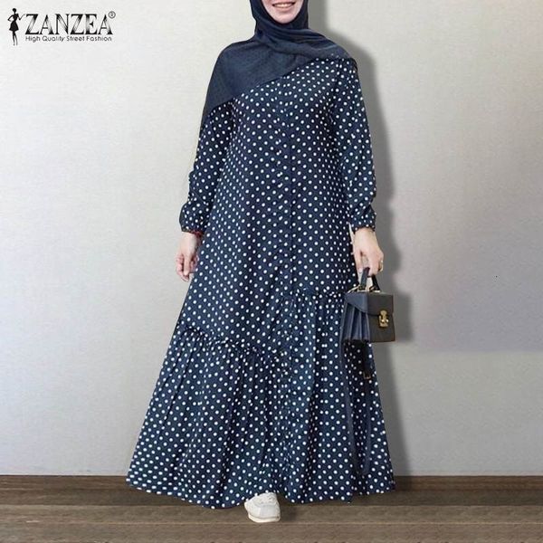 

kaftan printed muslim maxi dress women's autumn sundress zanzea 2021 causal puff sleeve vestidos female polka dot button robe, Black;gray