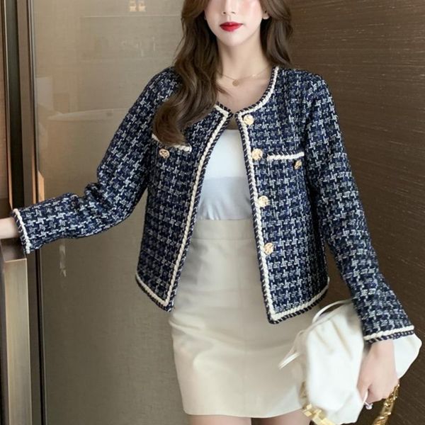 

women's jackets korean small fragrance short coat autumn french ladies all-match plaid woolen tweed vintage veste femme, Black;brown