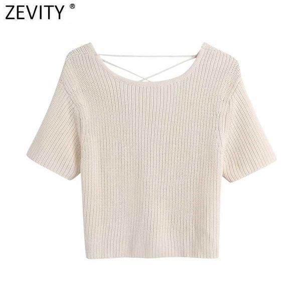 Zevity Frauen Einfarbig Kurze Strickpullover Femme Chic Sommer Sexy Backless Lace Up Casual Slim Pullover Crop Tops SW830 210603