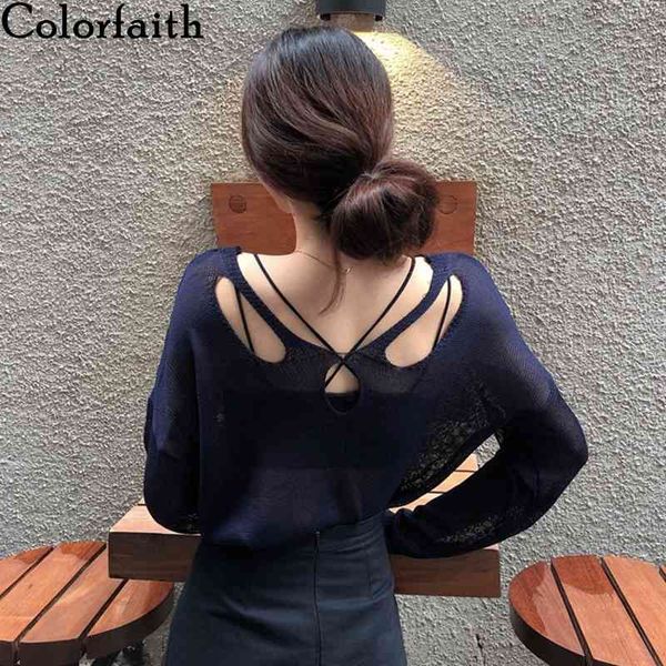 

colorfaith new autumn winter women's sweaters pullovers cutout backless korean minimalist elegant sw16115 210413, White;black