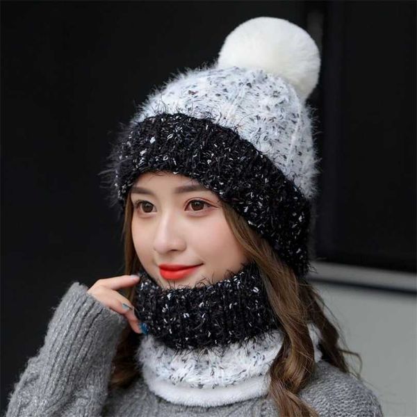 

knitted winter hat scarf set for women windproof thick warm beanies and ring female accessories girls gift 211119, Blue;gray