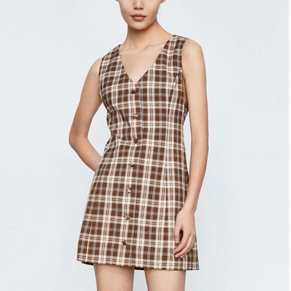 

arrival summer plaid dress women single breasted v-neck sleeveless draw string woman elegant high waist dresses casual, Black;gray