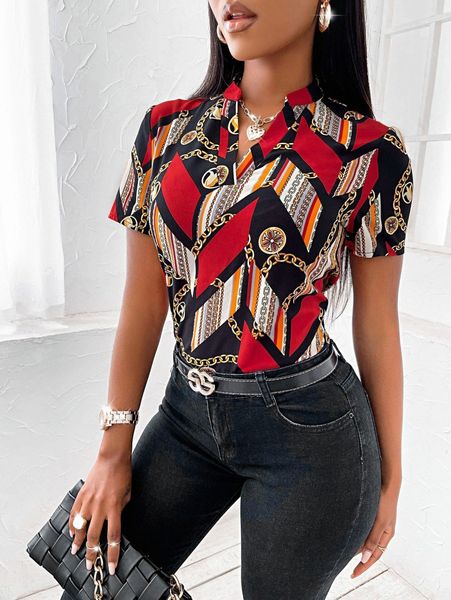 

chain print notched neck blouse l2q1#, White