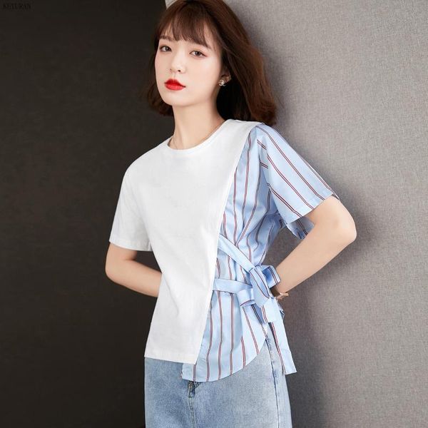 

summer casual women t-shirts office lady loose pullover lace-up stripes joint mock two-piece cotton tees clothes women's t-shirt, White