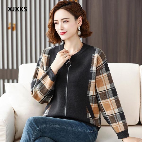 

women's jackets xjxks round neck long-sleeved sweater women jacket 2021 autumn winter plus size cashmere knitted cardigan, Black;brown