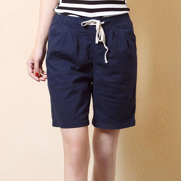 

bermuda half long basic women short plus size candy colors summer fashion loose cotton linen elastic waist, White;black