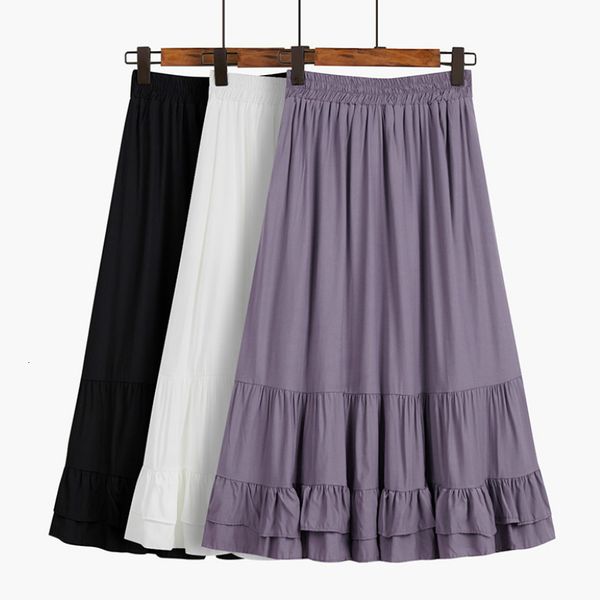 

skirts summer solid soft cotton a-line boho skirts ruffles patchwork sweet mid-calf long skirt purple, Black