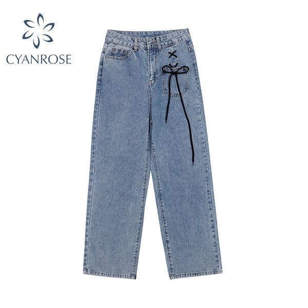 

spring autumn jeans woman denim long trousers female loose plus size vintage bow streetwear boyfriend high waist wide leg jeans 210417, Blue